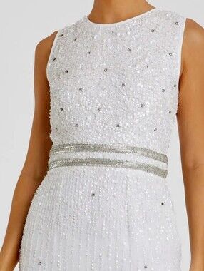 Mac Duggal White Strapless Sequin Dress with Silver Waistband